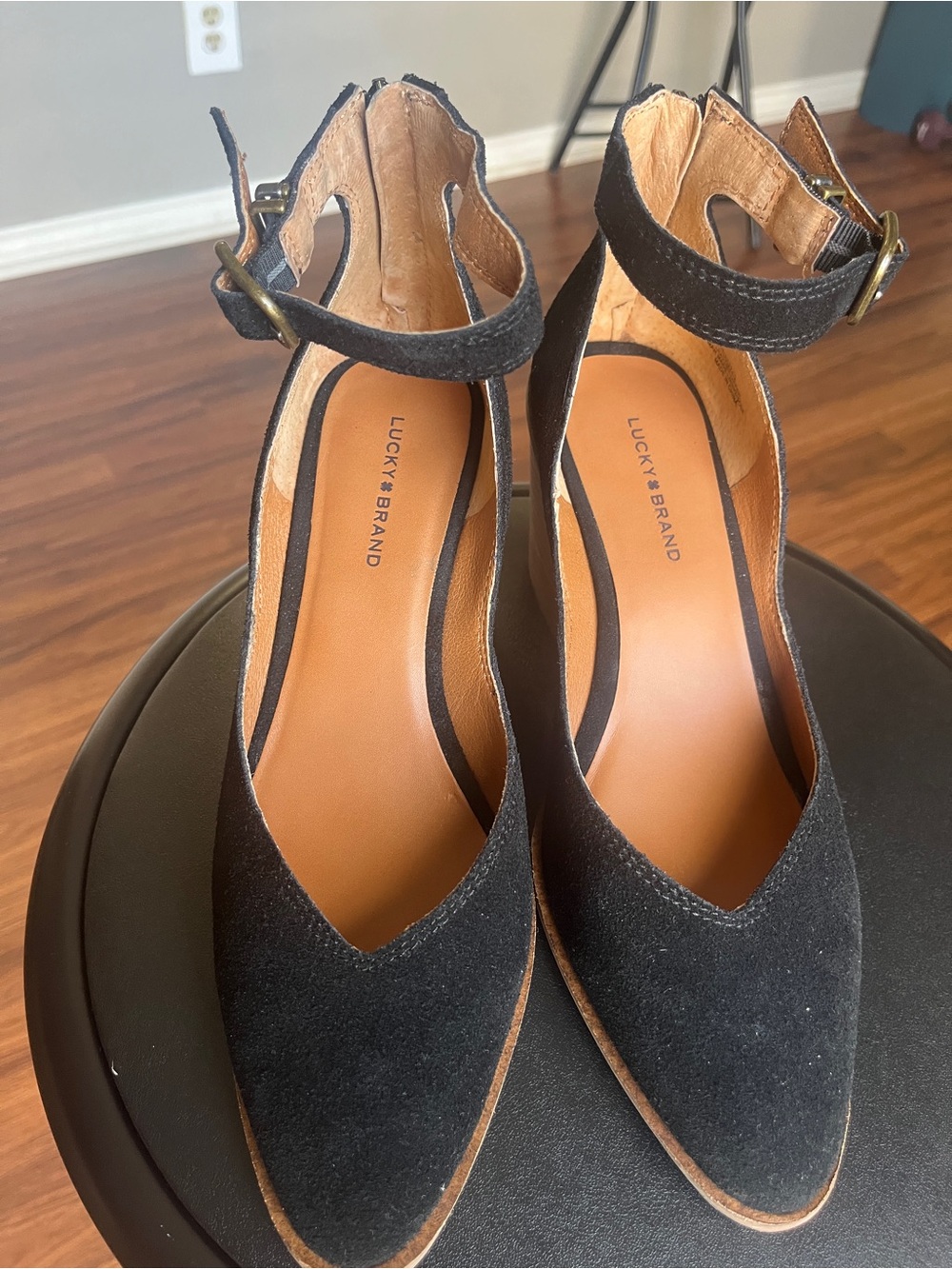 Lucky Brand Black Suede Pointed-Toe Ankle Strap Heels